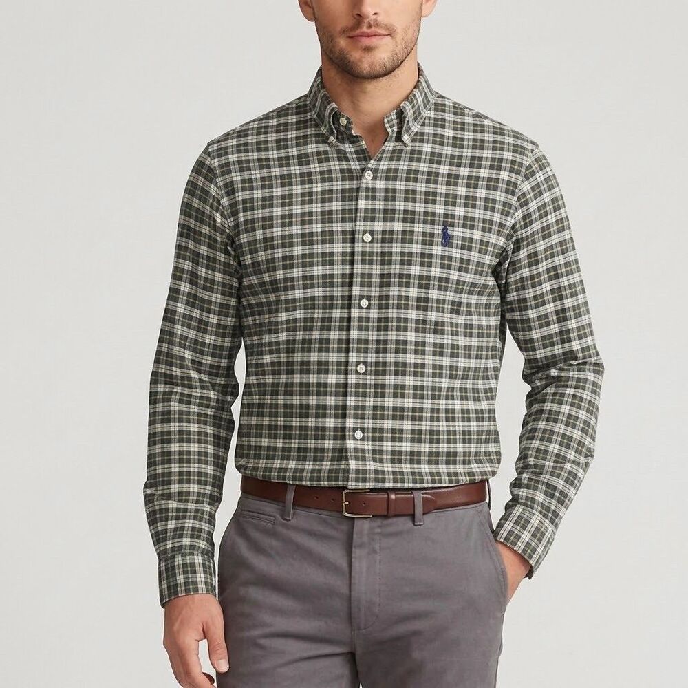 Ralph Lauren Mens Shirt Medium Custom Fit Green Plaid Long Sleeve Button Down